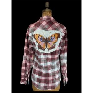 Vintage Pink Plaid Butterfly Patch Flannel S